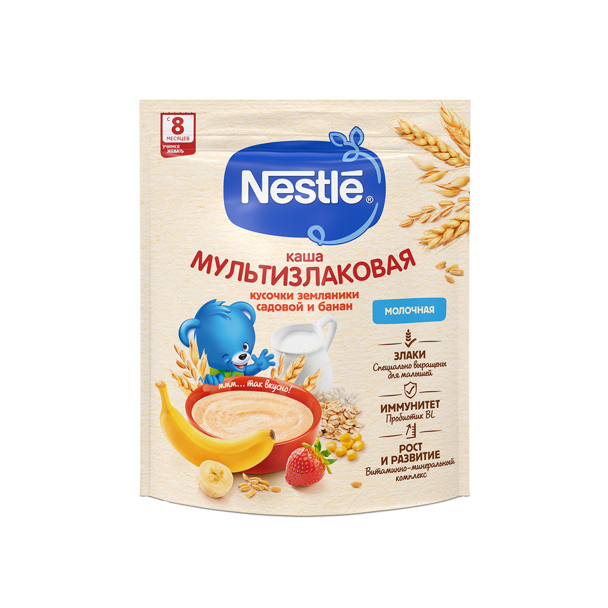 Nestle - ნესტლე რძიანი ფაფა 5 მარცვალი მარწყვი და ბანანი 3489