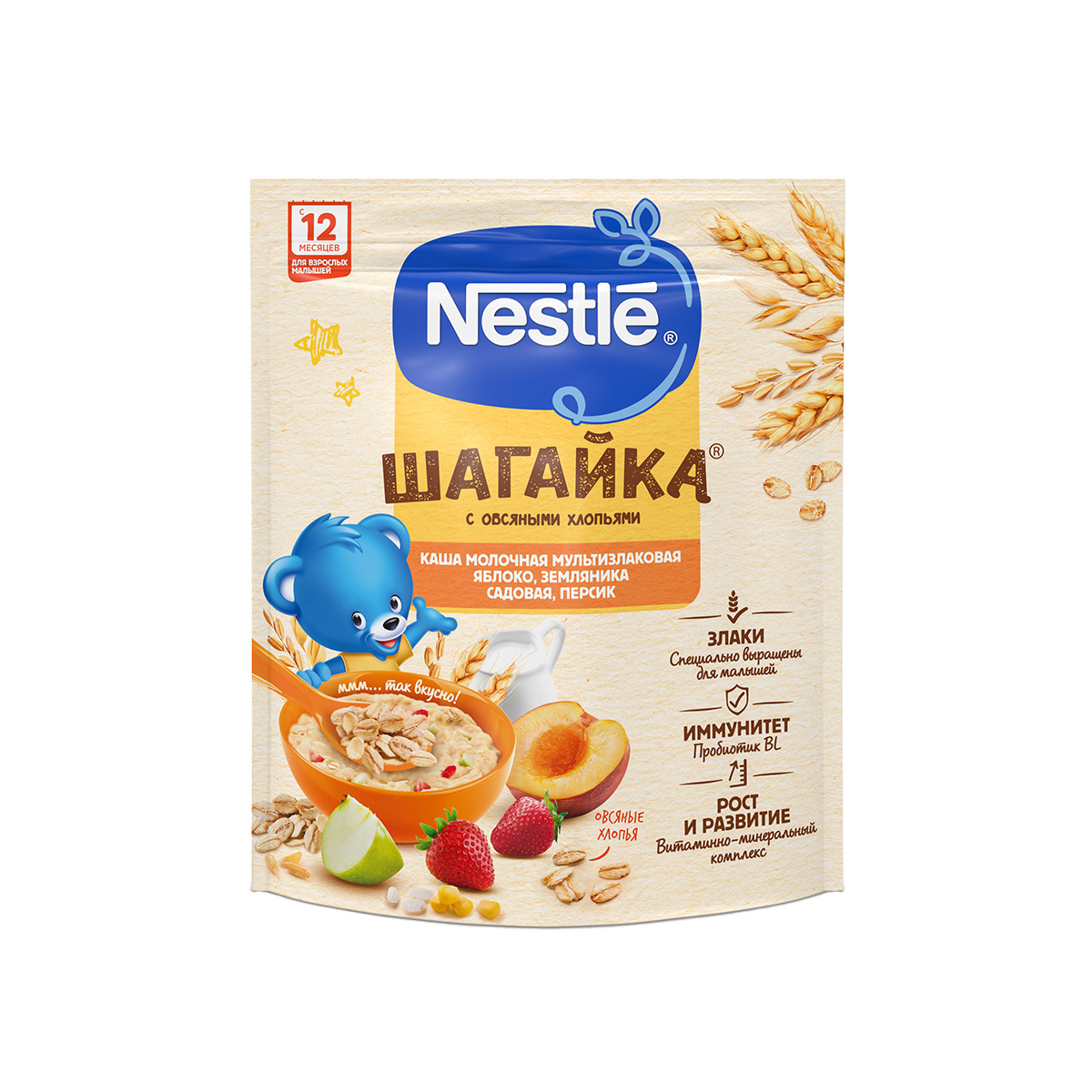 Nestle - ნესტლე რძიანი ფაფა ვაშლი, მარწყვი  და ატამი 190გ 3540