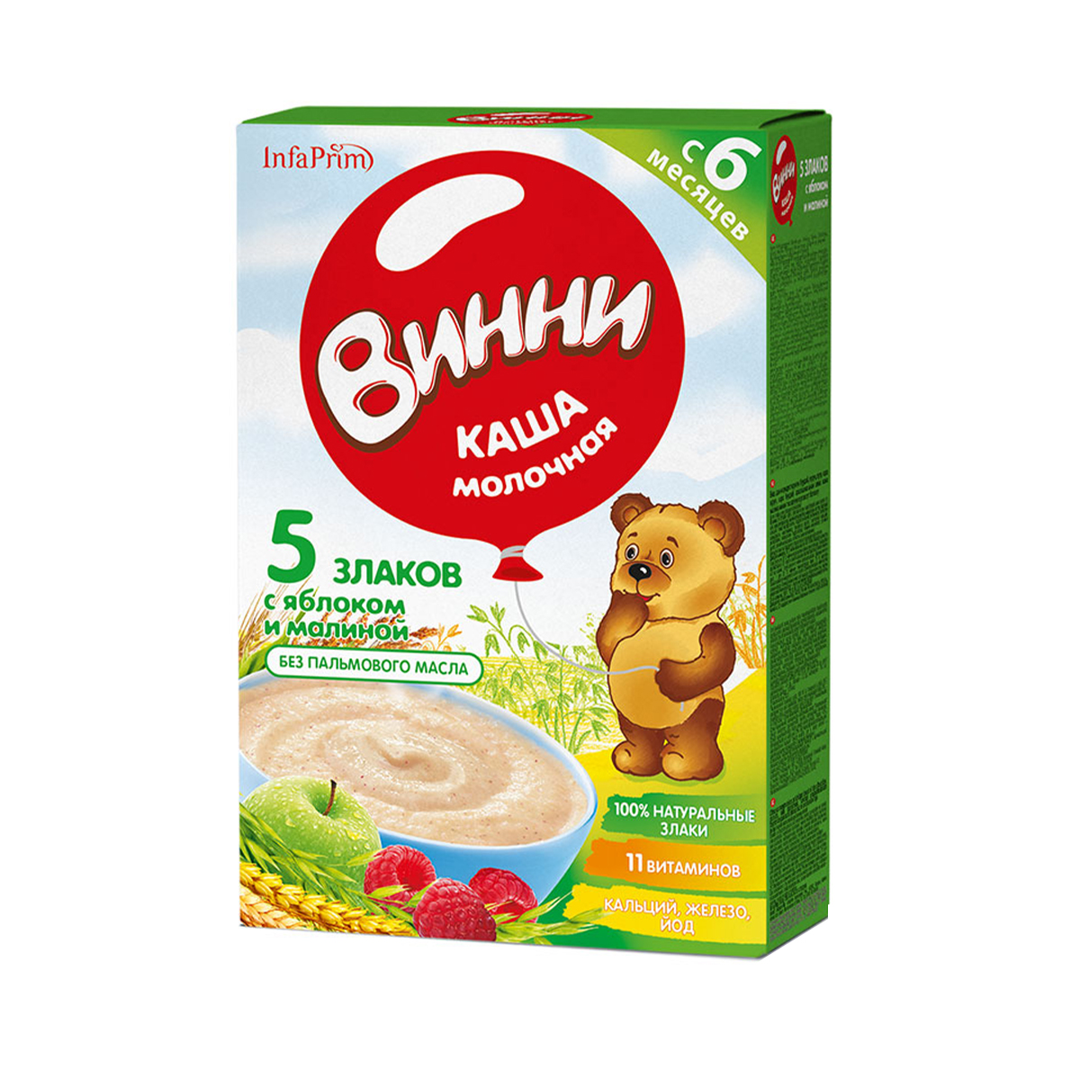 ვინი რძიანი ფაფა 5 მარცვალი ხილით ვაშლი და ჟოლო 4855