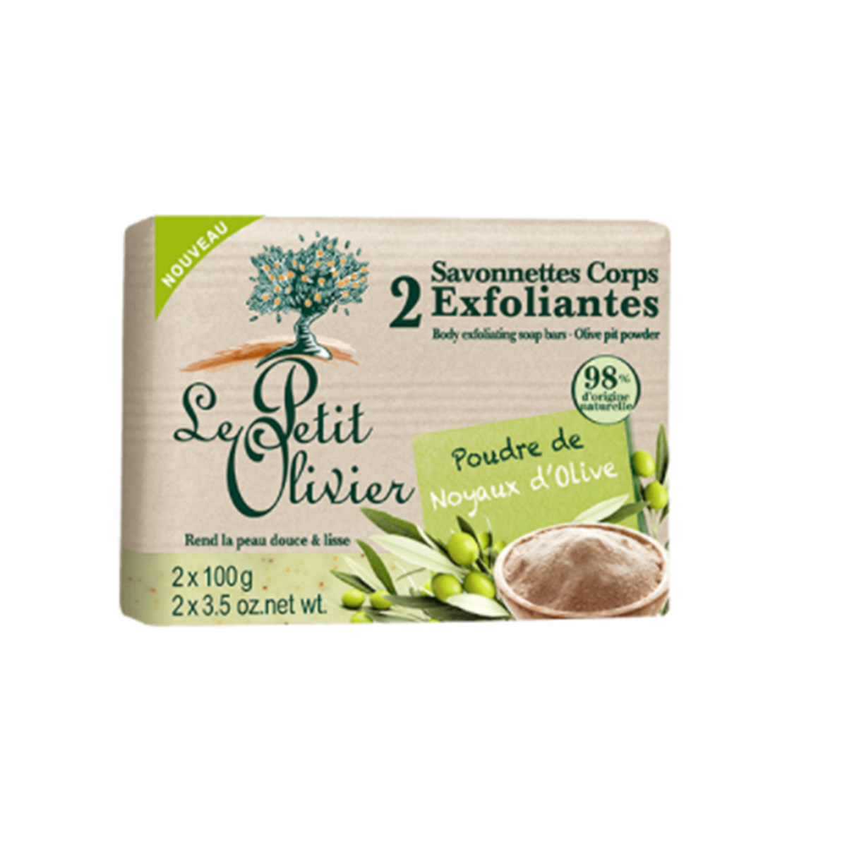 Le Petit Olivier - ლე პეტიტ ოლივიე სხეულის საპონი ზეთისხილის კურკის ნაწილაკებით 2 ცალი 5219
