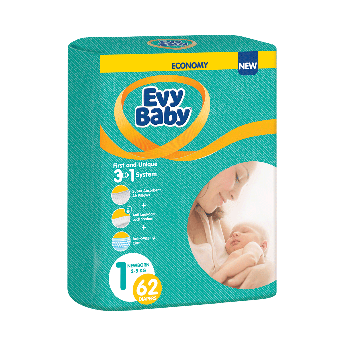 EVY BABY - ევი ბეიბი ბავშვის საფენი TWIN 2-5 კგ 62 ცალი 0175