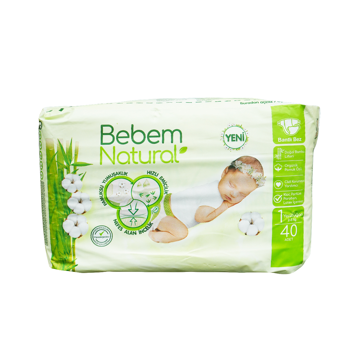 Bebem Natural - ბებემ ნეიჩერალს ბავშვის საფენები 2-5 კგ 40 ცალი 9462