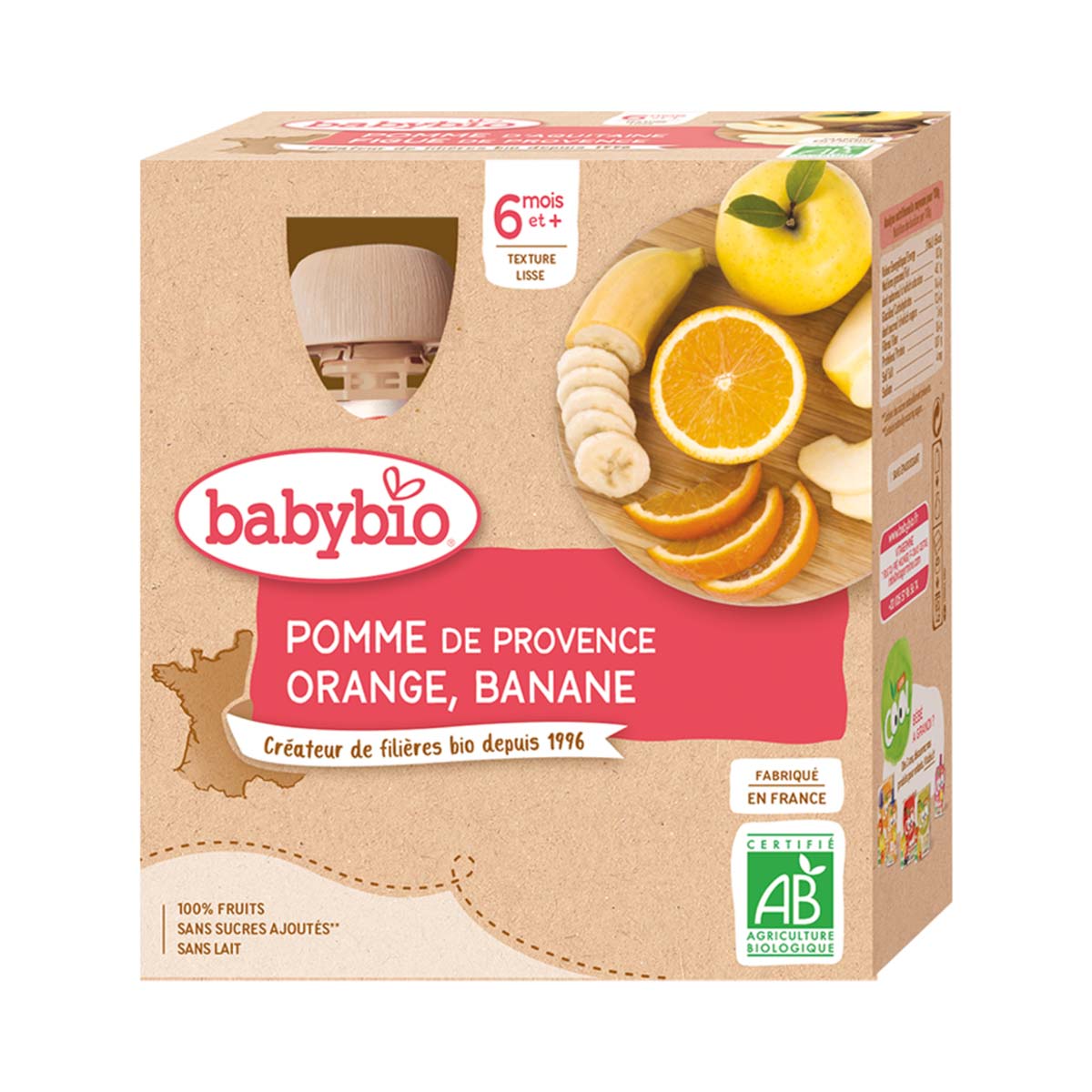 BabyBio - ბეიბი ბიო ხილფაფა ფორთოხალი ბანანი და ვაშლი 4 ცალი 0177