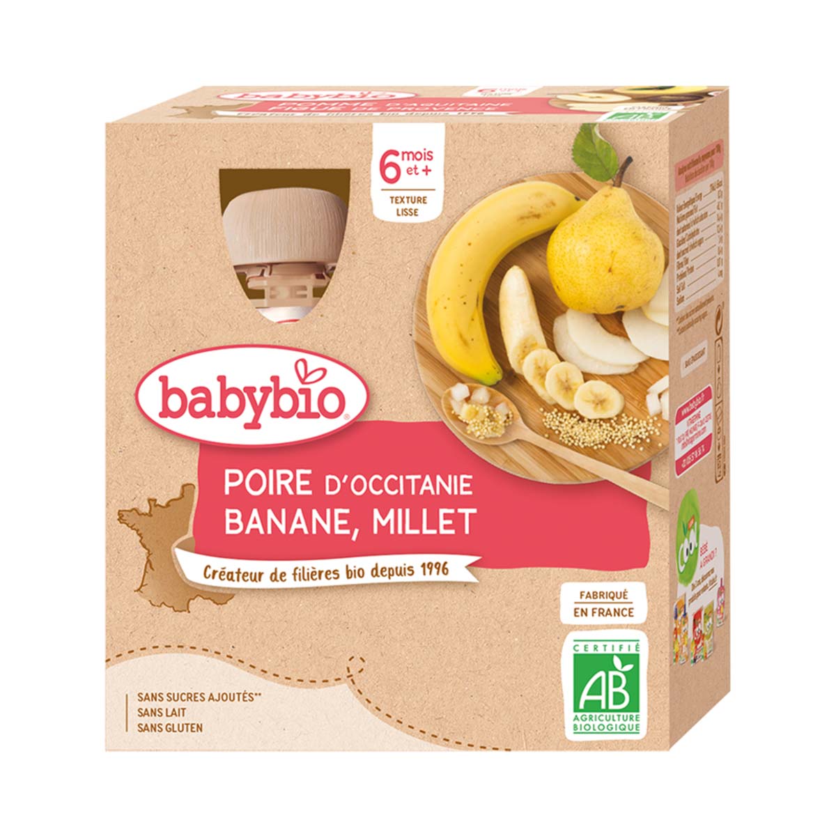 BabyBio - ბეიბი ბიო ხილფაფა მსხალი და ბანანი ფეტვით 4 ცალი 0191