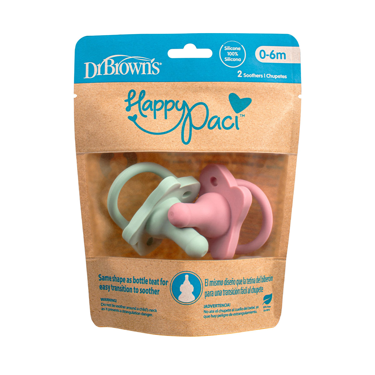 DrBrowns - დოქტორ ბრაუნი სილიკონის მატყუარა 0-6 თვე ვარდისფერი და მწვანე 1744