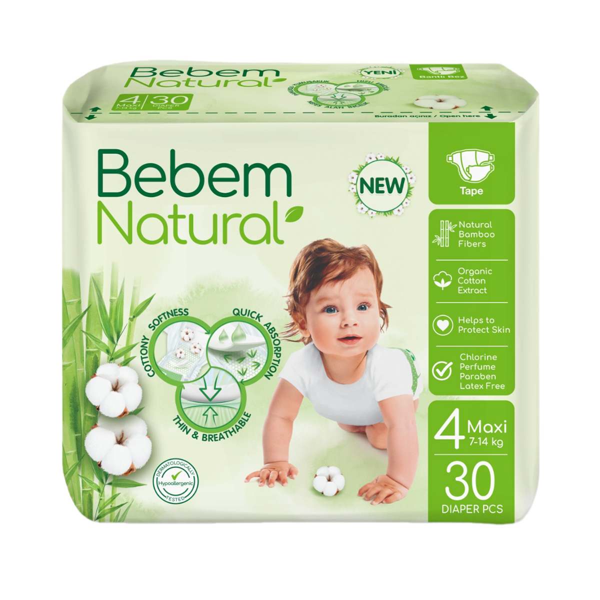 Bebem Natural - ბებემ ნეიჩერალს ბავშვის საფენები 7-14 კგ 30 ცალი 6027