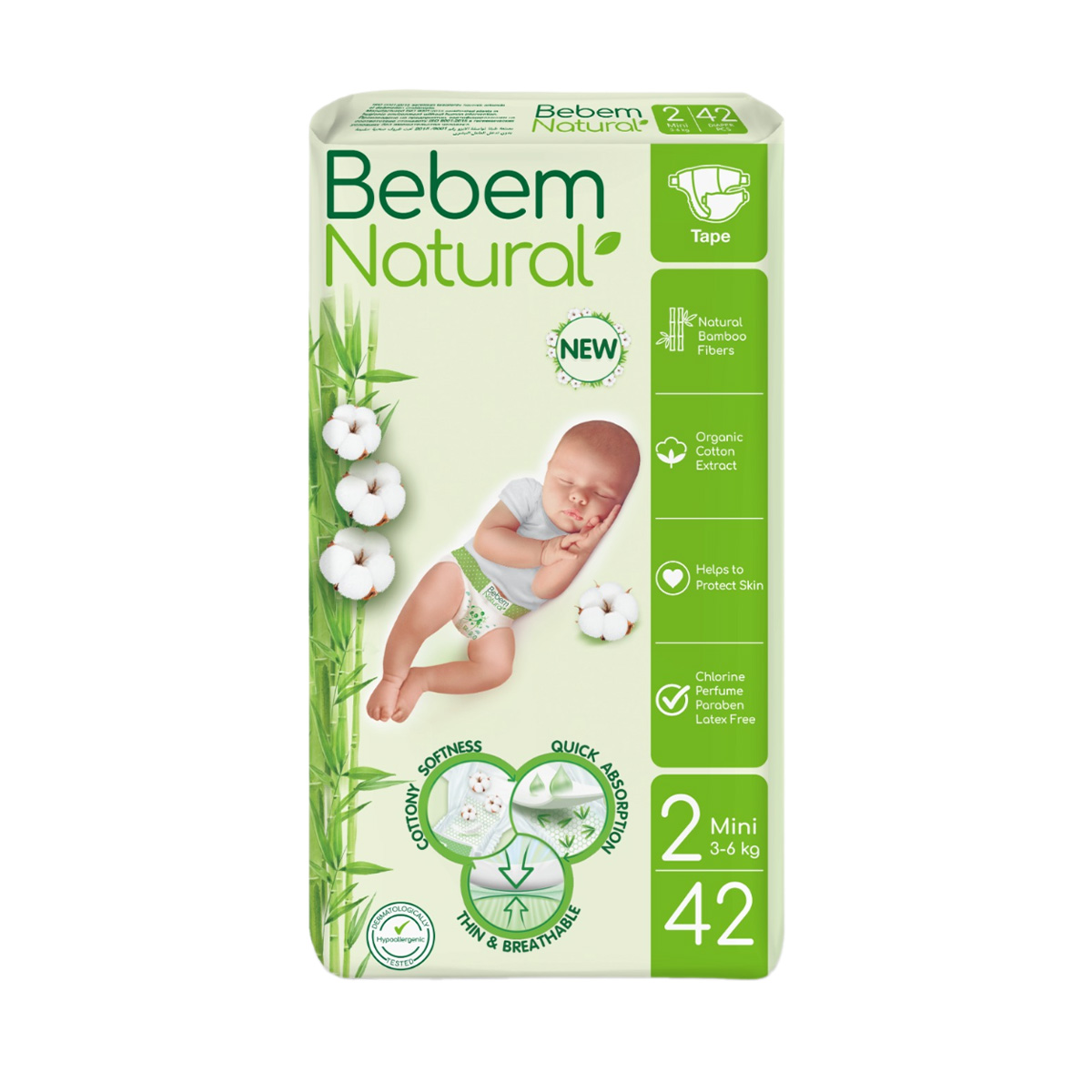 Bebem Natural - ბებემ ნეიჩერალს ბავშვის საფენები 3-6კგ 42 ცალი 6003