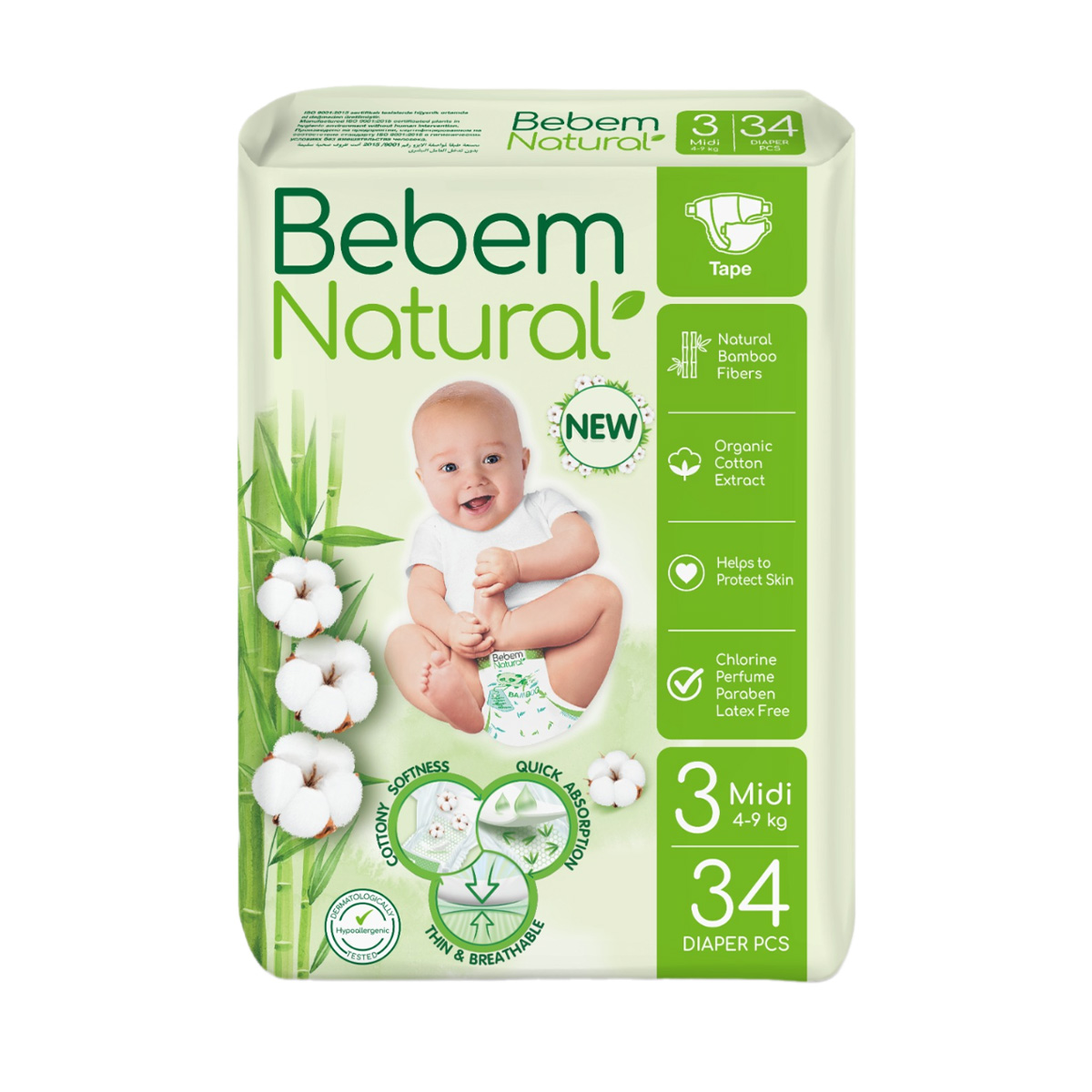 Bebem Natural - ბებემ ნეიჩერალს ბავშვის საფენები 4-9 კგ 34 ცალი 6010