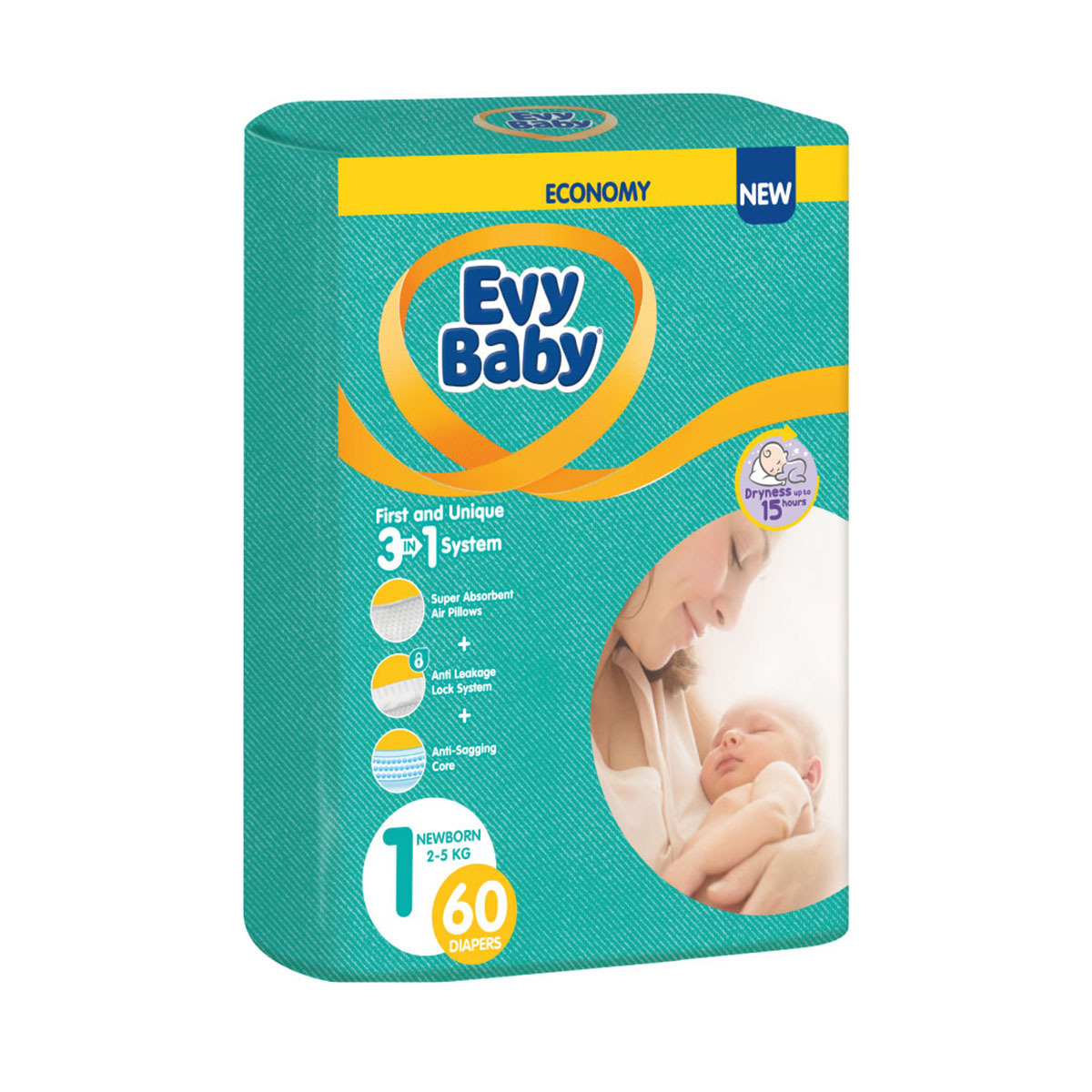 EVY BABY - ევი ბეიბი ბავშვის საფენი TWIN 2-5 კგ 60 ცალი 0103