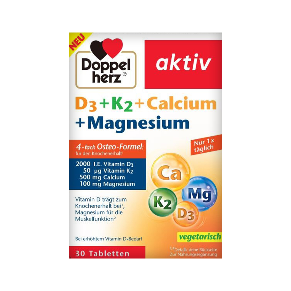 დოპელჰერცი აქტივი - Doppelherz Aktiv ვიტამინი D3+K2+Ca+Mg 30 ტაბლეტი