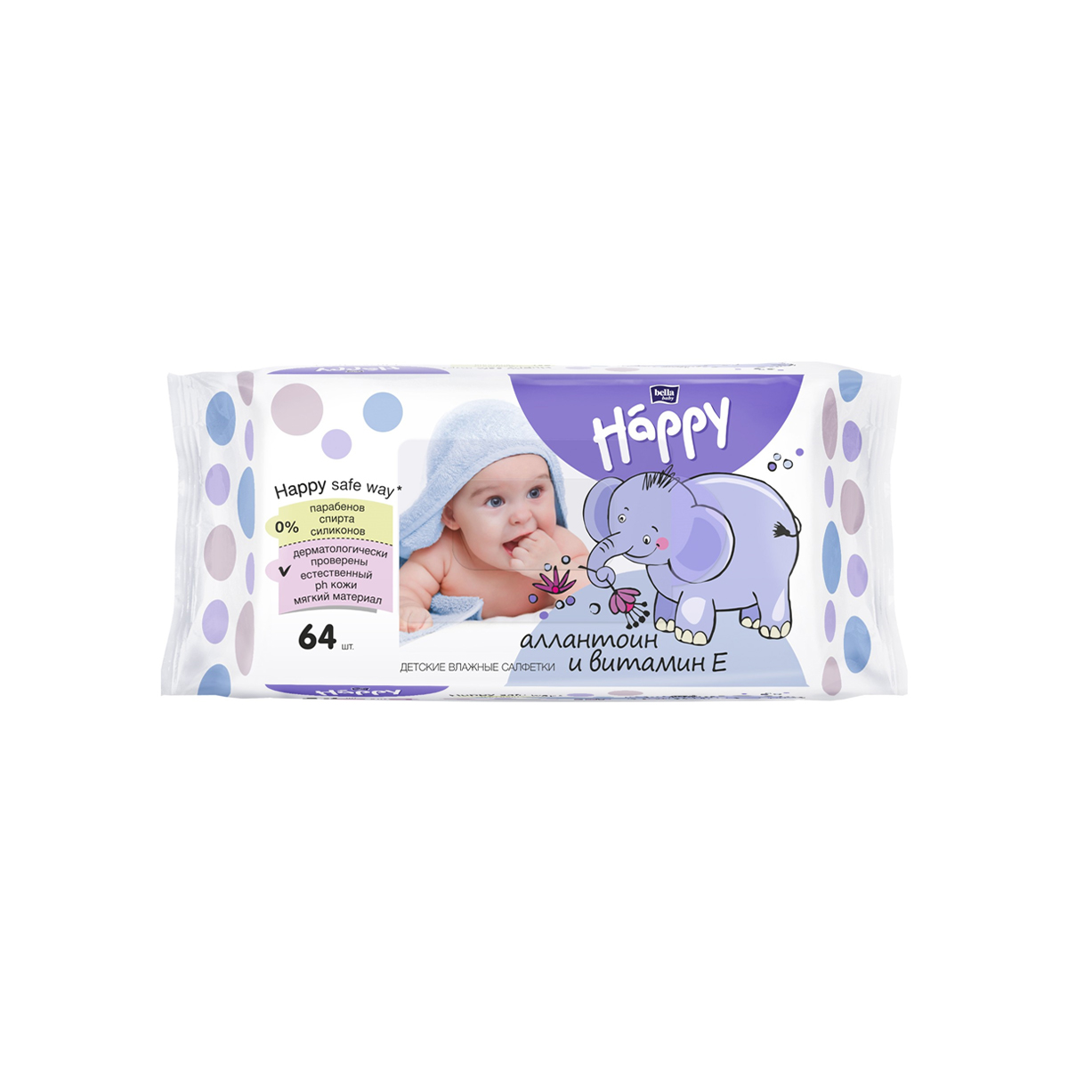 საბავშვო სველი ხელსაწმენდი E ვიტამინითა და ალანტოინით, 64 ცალი. 1120 ბელა ჰეფი - Bella Happy
